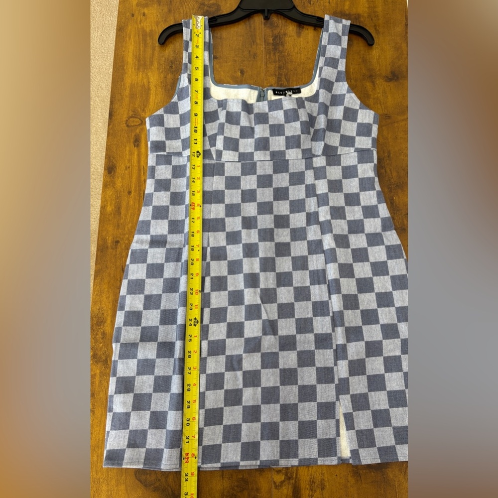 NWT Blue Blush Denim Checkered Mini Dress Size Large Square Neckline Sleeveless - Picture 7 of 9